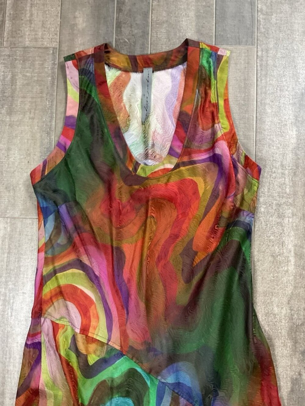 Raquel Allegra Dress Silk Rayon Print Kennedy Midi Multi Wave Size 00 Sleeveless - Picture 10 of 15